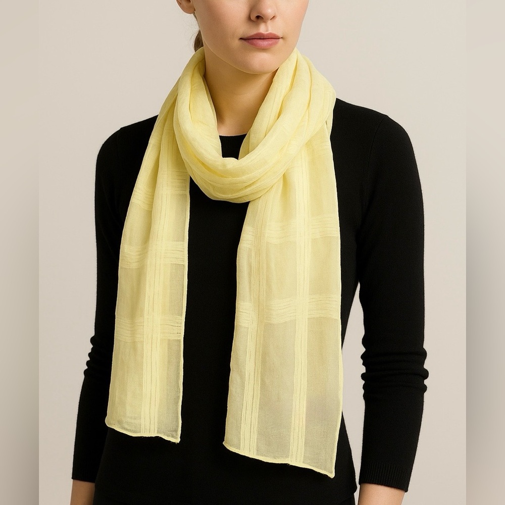 Burberry Butter Yellow Silk Sheer Textured Check Scarf